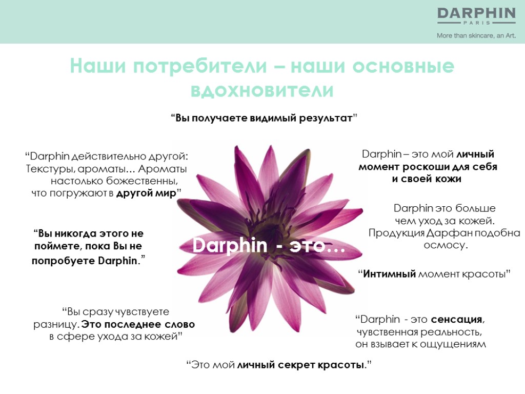 Darphin - это… Наши потребители – наши основные вдохновители “Darphin действительно другой: Текстуры, ароматы…